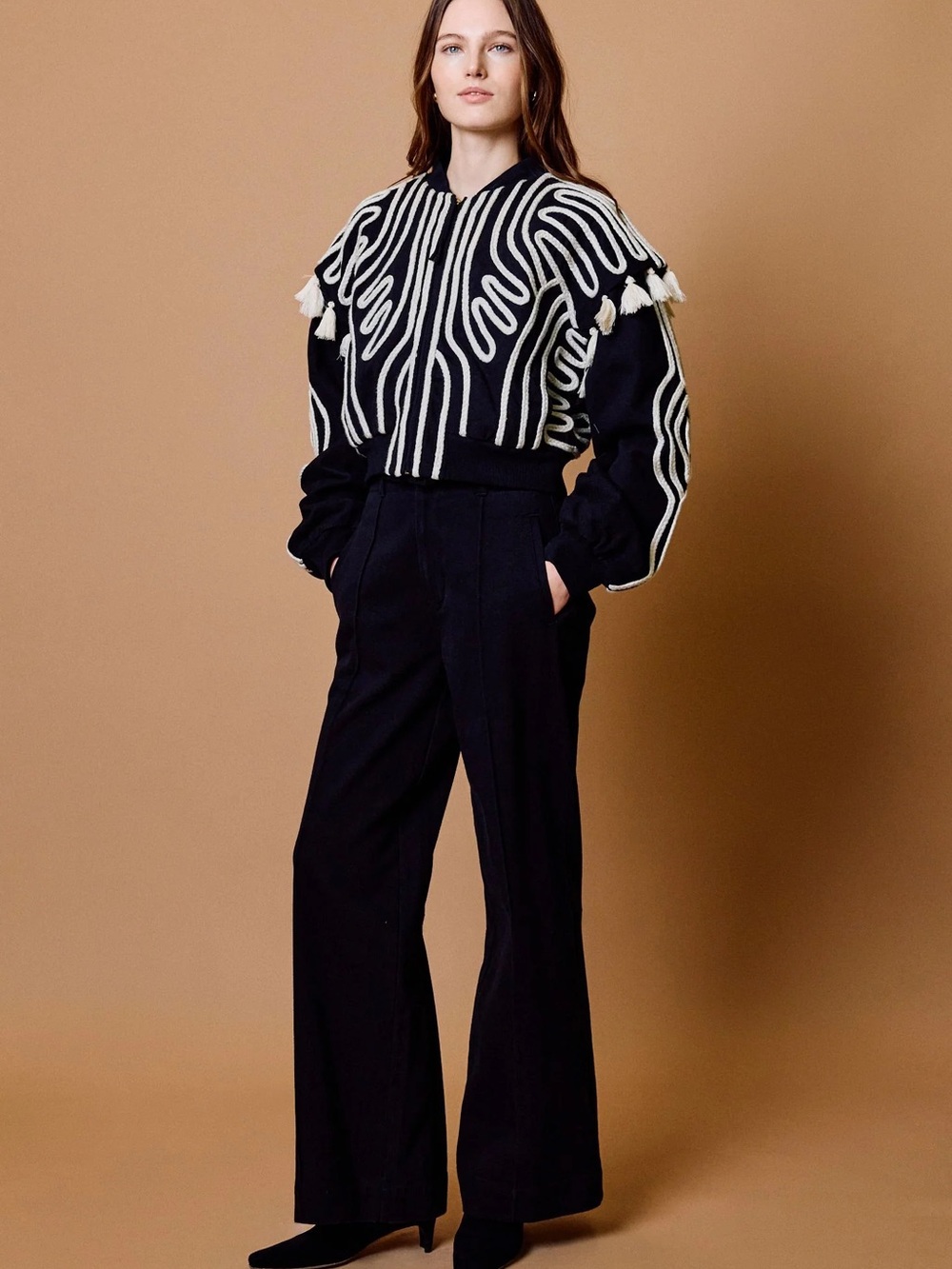Cleobella Mondrian Jacket NWT Black Ivory Rope Embroidered Tassel S